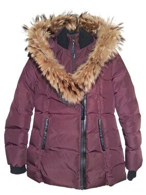 Mackage Adali Jacket Womens Large Dark Red 800 Down Asymmetrical Real Fur Leathe